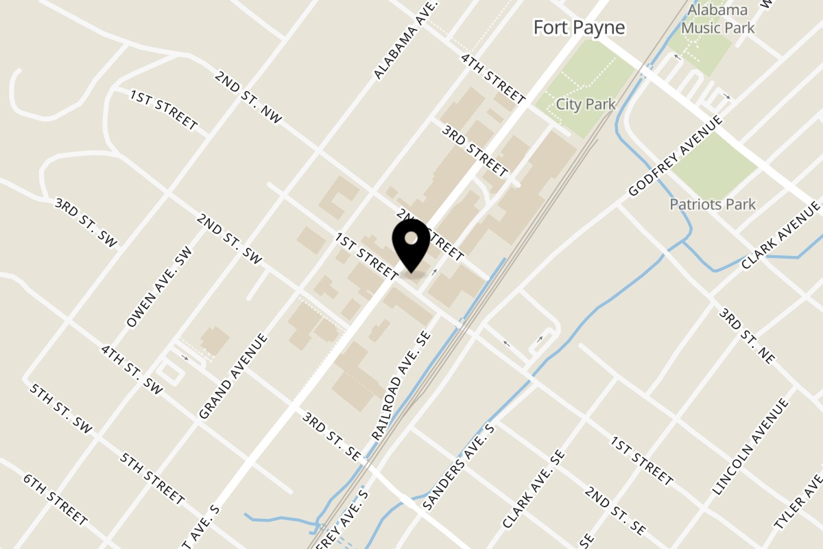 Map showing the location of The Spot Coffee Shop on 101 Gault Ave N in Fort Payne